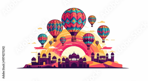 Colorful hot air balloons ascend over a majestic ancient fortress under a vibrant sunset