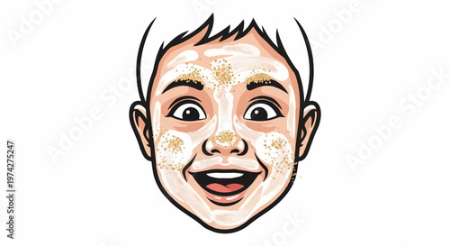 Joyful person with facial scrub and light brown particles all over