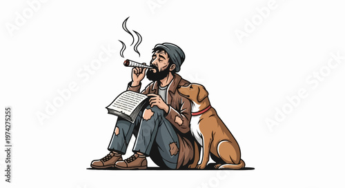 A man with a beard, wearing a beanie and torn clothes, sits with a dog, smoking a rolled cigarette