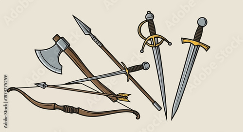 Assortment of medieval weapons, including a bow, axe, spear, and swords