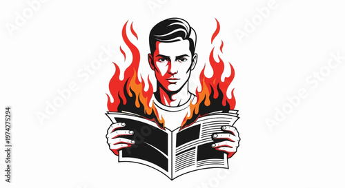 Intense young man with styled hair, enveloped in flames, reads a newspaper