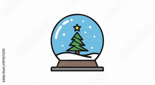 A simple illustration of a snow globe with a Christmas tree and star