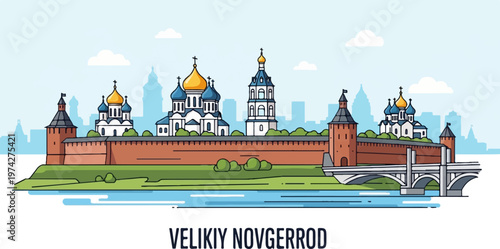 A stylized illustration depicts a historic walled city with domed churches and a bridge over a river