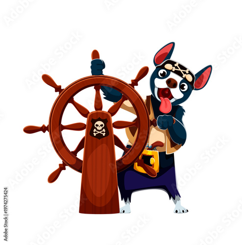 Cartoon cheerful bulldog dog pirate helmsman character holds the wooden ship wheel with both paws, ready to steer. Vector animal corsair personage has a lively expression with wide eyes and open mouth