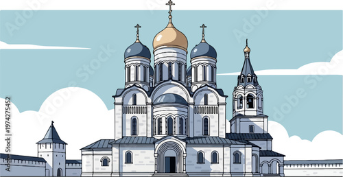 A white church with a golden dome and several smaller domes stands against a pale blue sky