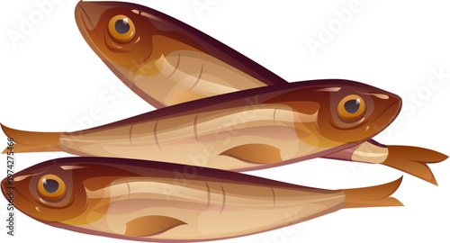Sardine fish seafood food ingredient, fresh whole marine catch with golden brown scale and fins. Cartoon vector natural product, isolated raw edible ocean protein for cuisine cooking and healthy diet