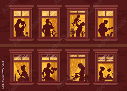 Male and female vector silhouettes in neighborhood night windows. Couple embracing, a parent lifting a child, person watering plants, chatting, playing music, relaxing with drinks. Urban neighborhood