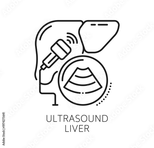Chronic liver diseases and therapy, medical line icon. Clean linear symbol depicting the human liver and ultrasound machine. Minimalist vector emblem for patient education materials, medical website