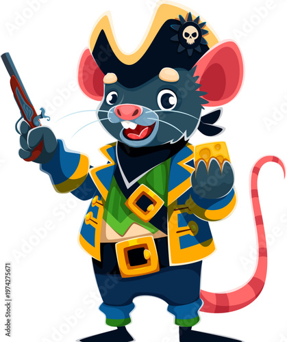Cartoon rat or mouse pirate vector character stands proudly dressed in a dark blue and yellow coat with green vest underneath. Corsair holds a pistol in one hand and a piece of cheese in other