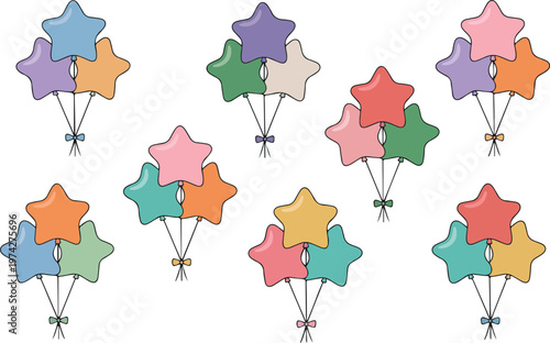 Creative star shaped balloons with colorful strings festive party decoration elements bright celebration design for events and birthdays