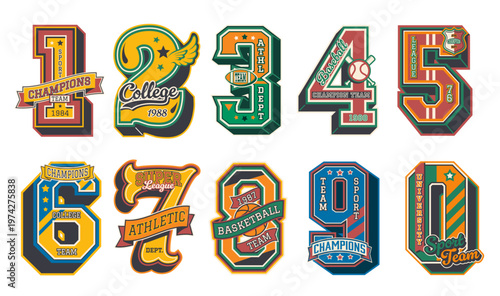 Varsity sport patch labels decorated with athletic champion, basketball, baseball, football and university sport, wings, stars, ribbons and team badges. Vector retro patch sign for school and college