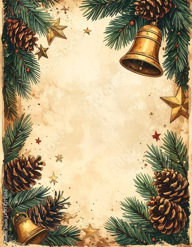 Festive illustration, parchment-style background, framed by evergreen branches, pinecones, gold bells, and star ornaments