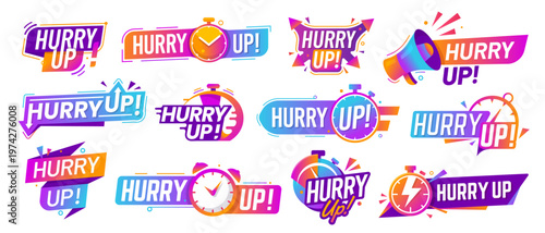 Hurry up icons with stopwatch clock and megaphone for sale or last minute deal offer, vector banners. Hurry up labels for promotion limited time timer badges for sale promo and special discount deal