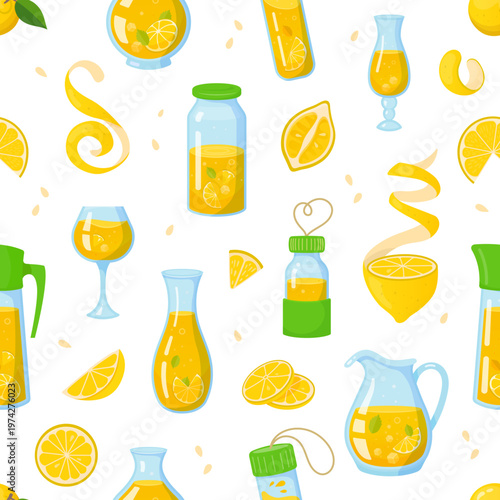 Cartoon citrus lemon fruit juice or lemonade drinks seamless pattern with citrus slices, jars, pitchers, glasses and yellow lemonade ornament. Vector seamless tile background, wallpaper or textile