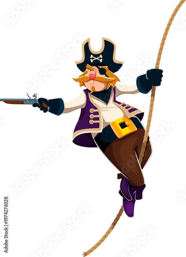 Cartoon pirate character hanging on a rope while aiming a pistol. Isolated vector adventurous corsair personage has a fierce expression, wearing traditional pirate attire and a hat with crossed bones