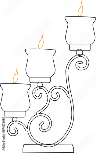 Elegant three light candelabra with burning flame outline illustration for interior decor.