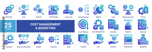 Cost management icon set with 25 icons including budget,expense,pricing,cost analysis,and financial control.Suitable for business,accounting,UI,and infographic design.