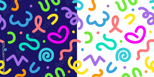 Kids holiday squiggle seamless pattern backgrounds with abstract fun shapes in vector design. Colorful funny shapes and squiggle doodle twirls or scribble swirl lines for kids pattern backgrounds