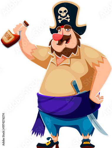 Cartoon pirate character holding a brown rum bottle. Corsair dressed in casual pirate clothes with a sword tucked at his waist. Vector sailor, seaman or rover personage with red nose and drunk grin