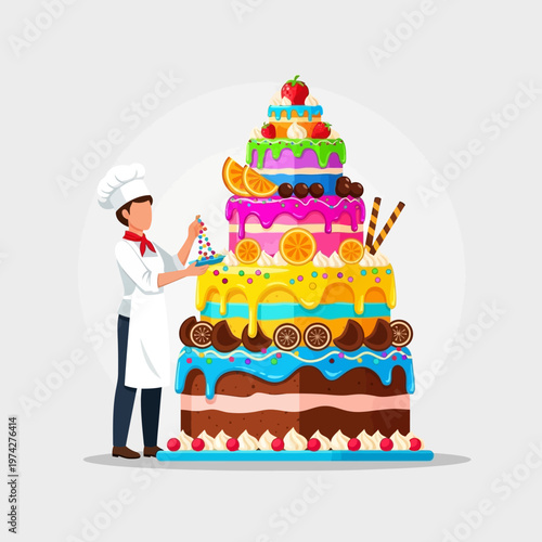 Chef Decorating Giant Multi-Layered Cake with Fruit and Candy