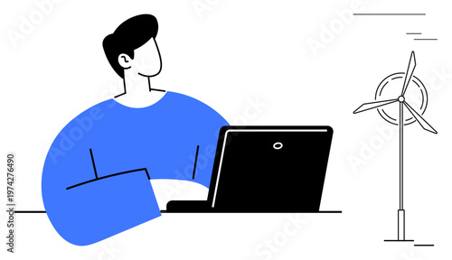 Sustainability, renewable energy, remote work, innovation, environment, green technology. Person working at a laptop next to a wind turbine. Sustainability and renewable energy concept