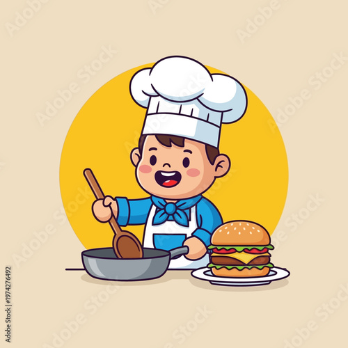 Cute cartoon chef boy cooking burger in pan, happy kid chef with food, culinary concept