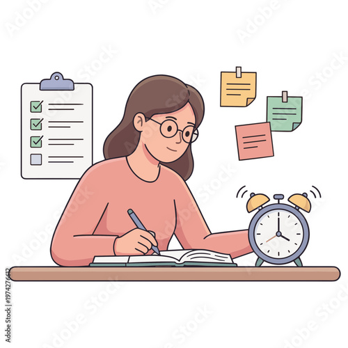 A woman studies at her desk with an alarm clock and checklist nearby.