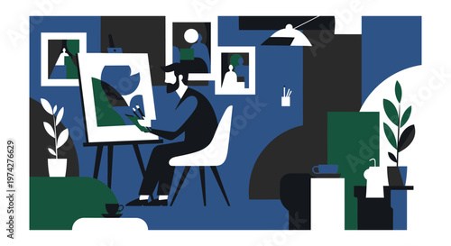 Creative artist in modern workspace with blue and green abstract art for interior design