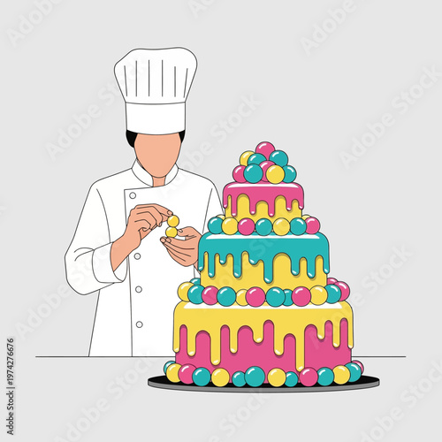 Pastry chef decorating a colorful tiered cake with spherical candies, close-up