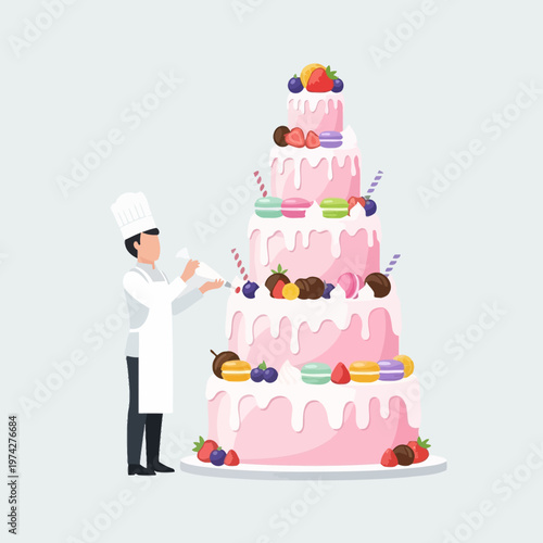 Pastry Chef Decorating Tall Pink Cake with Fruits and Macarons