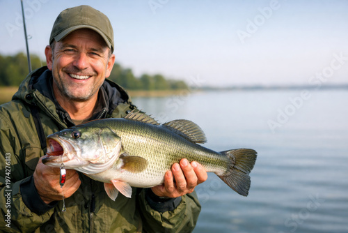 Portrait of a successful angler with a big fish against a scenic lake background, active leisure and sport.