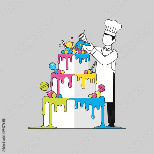 Chef decorating a colorful dripping cake with lollipops and sprinkles
