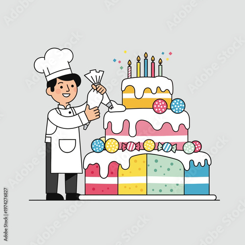 Chef decorating a colorful multi-tiered birthday cake with frosting and candles