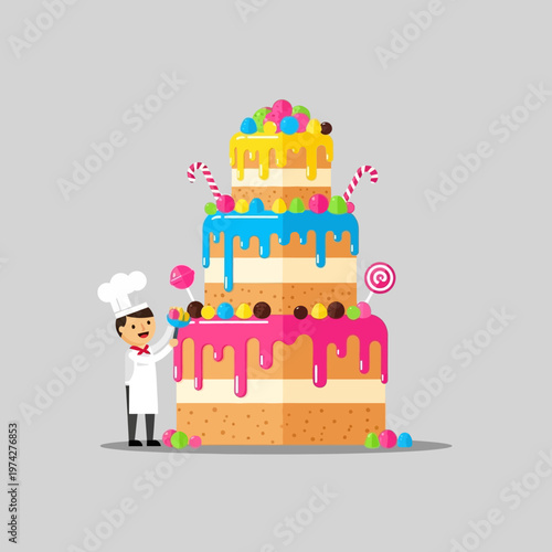 Chef Decorating Giant Candy Cake with Colorful Frosting and Candies