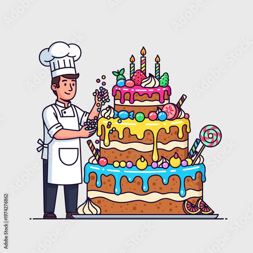 Chef Decorating Giant Multi-Layered Cake with Candies and Fruits