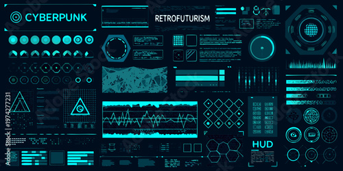 Cyberpunk interface elements and retrofuturism with a digital silhouette