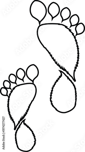 Two bare footprints with fuzzy texture outline drawing on white background for design.