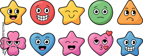 Cute colorful emoji stickers with various facial expressions in fun shapes playful emoticons set for messaging and social media