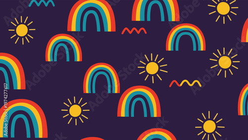 Cheerful seamless pattern featuring vibrant rainbows, bright suns, and playful zigzags, all harmoniously arranged on a deep dark purple background.
