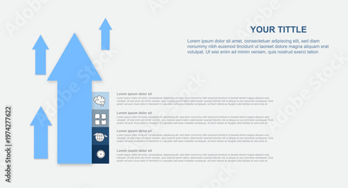 Modern business growth infographic with upward arrows and minimal layout. Clean corporate design representing progress, success, strategy, and development for presentations, marketing, and startup 