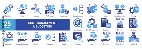 Cost management icon set with 25 icons including budget,expense,pricing,cost analysis,and financial control.Suitable for business,accounting,UI,and infographic design.