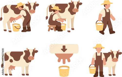 Farmer Milking Cow and Dairy Farming Vector illustration 