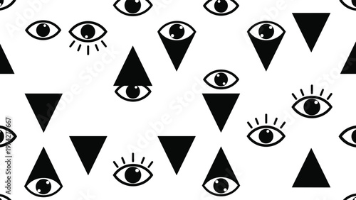 Hypnotic seamless pattern featuring an intriguing arrangement of solid black triangles and stylized watchful eyes, all set against a clean white background.
