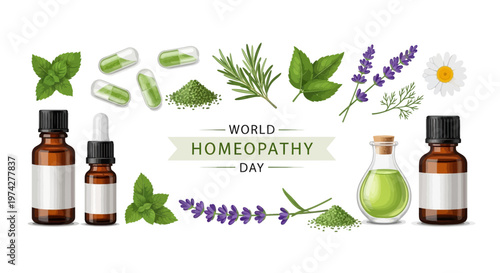 Overhead shot for World Homeopathy Day featuring a variety of natural remedies like herbs and homeopathic treatments, arranged with essential oil bottles and capsules against a light