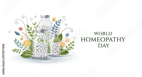 A watercolor-style graphic artfully depicts two glass bottles filled with homeopathic globules, adorned with delicate floral elements and foliage, set against a clean white background
