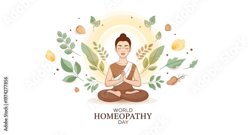A serene woman meditating in lotus position is surrounded by plants and herbs, promoting natural healing for World Homeopathy Day in a bright, whimsical illustration with a focus