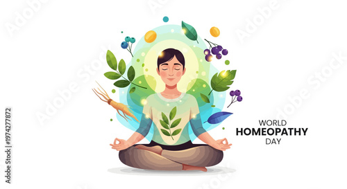 An illustration promoting World Homeopathy Day features a person in a meditative pose surrounded by swirling green leaves and berries, against a bright backdrop, conveying a natural