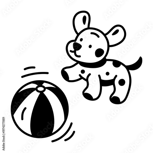 A glyph style icon depicting a dog chasing ball  
