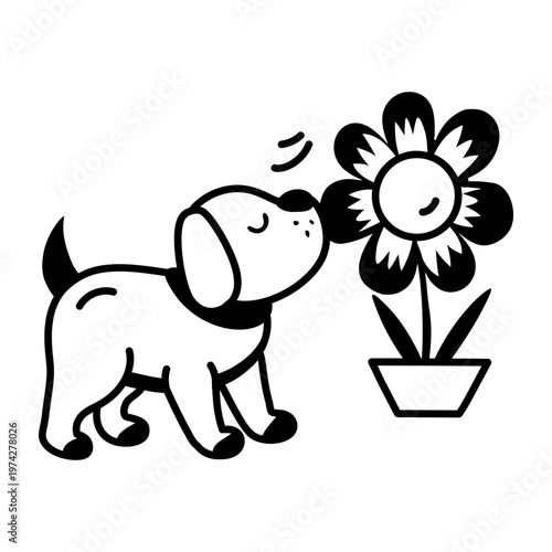 A glyph style icon depicting a dog sniffing flower 

