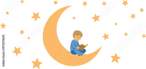 Boy sitting on crescent moon isolated on transparent background nighttime illustration